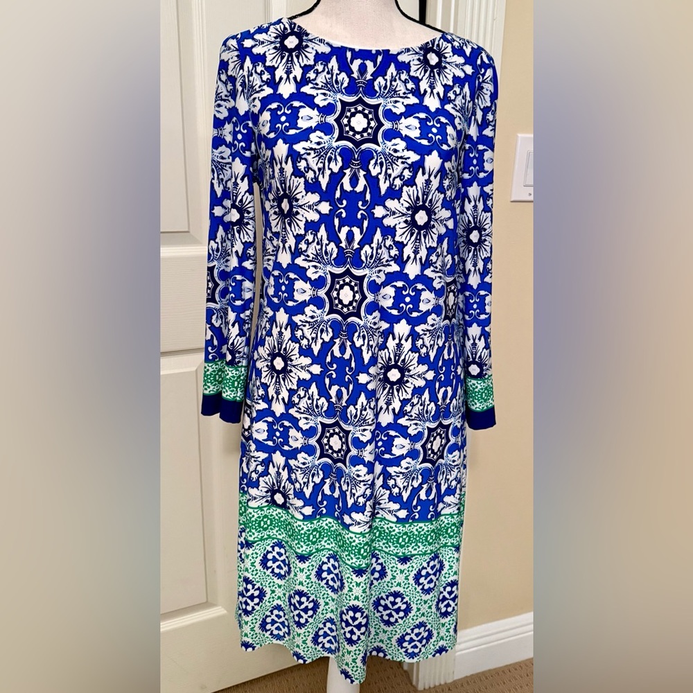 NWOT Eliza J Blue, White and Green Printed Long-Sleeve Dress, Sz 6